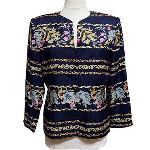 Adrianna Papell Navy Silk Floral‎ Jacket Blazer Top Size 12 Button Up Old Money